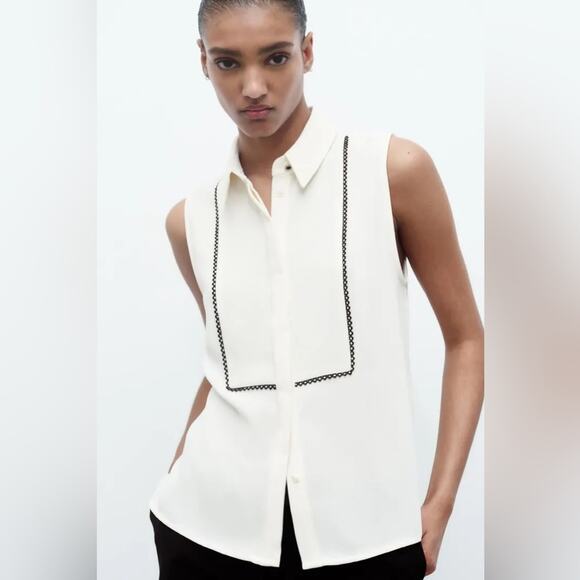 Zara Lace Trim Shirt Blouse Size Medium - Picture 1 of 10